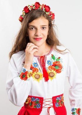 Колоритний червоно-білий костюм "Український букет" із тканини Онікс з вишивкою для дівчаток-підлітків (KSp-557-005-O), 140