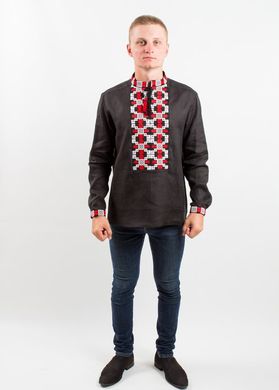 Чорна сорочка з двокольоровою вишивкою "Грація" із натурального льону для чоловіків (SRs-401-152-L), 46
