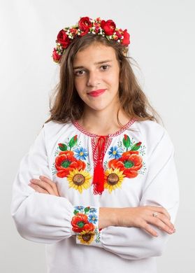 Колоритный красно-белый костюм "Украинский букет" из ткани Оникс с вышивкой для девочек-подростков (KSp-557-005-O), 140