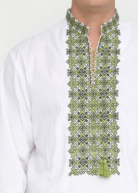 Етнічна сорочка з геометричним вишитим орнаментом в зелених тонах для чоловіків (chsv-19-04), 40, льон