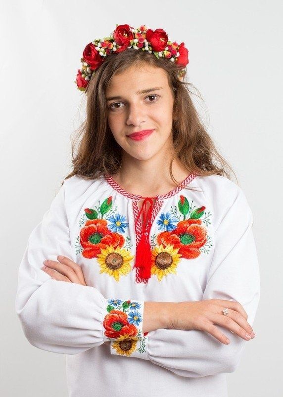Колоритний червоно-білий костюм "Український букет" із тканини Онікс з вишивкою для дівчаток-підлітків (KSp-557-005-O), 140
