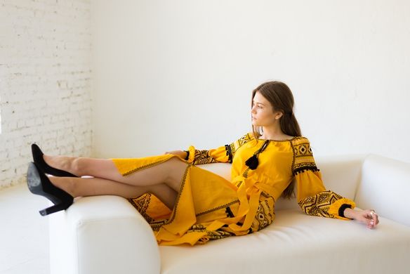 Длинное желтое платье с вышивкой в стиле бохо (ЛА-7), 42