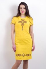 Стильное платье "Изысканность" из жёлтого льна с геометрической вышивкой для женщин (PL-025-111-L), 42