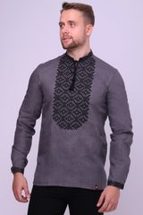 Гарна чоловіча сіра лляна сорочка з вишивкою (FM-0793), S, льон
