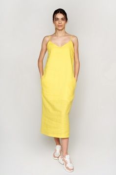 Жіноча вишита сукня на бретелях Yellow UKR-4202, L, льон