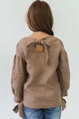 Вишита блуза для дівчинки з бантами Сoffee UKR-0309, 146, льон