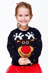 Вязаный рождественский синий свитер с оленем для девочек (FM-0101), 116, шерсть, акрил