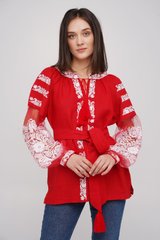 Женская вышитая блузка на красном льне "Бохо" (GNM-02882), 40, домотканое полотно