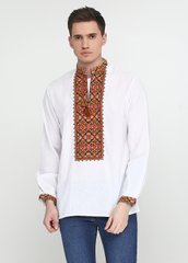 Вышитая белая рубашка с воротником-стойкой и колоритным трёхцветным орнаментом для мужчин (chsv-29-01), 40, лен