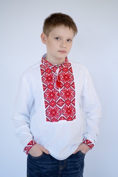Вышиванка для мальчика "Розкошь" белая с красной вышивкой (DBRSCH-60-hl-rzwt), 116, Льон, котон
