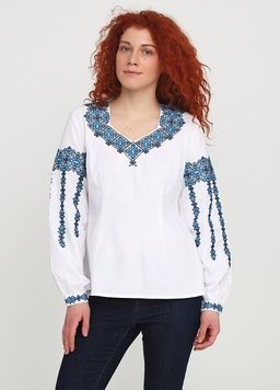 Українська сучасна вишиванка з чорно-синім геометричним орнаментом для жінок (gbv-02-04), 40, льон