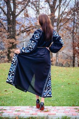 Жіноче плаття геометричним орнаментом "Бохо" вишиваний на льоні (GNM-02138), 42, льон чорний