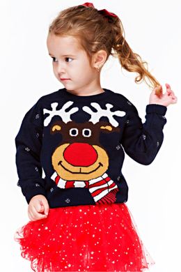 В'язаний різдвяний синій светр з оленем для дівчаток (FM-0101), 116, шерсть, акрил