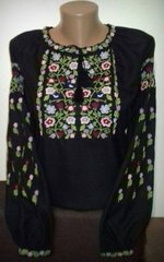 Богатая чёрная вышиванка из льна или полотна с разноцветным цветочным орнаментом для женщин (GNM-01846), 40, лен черного цвета