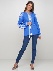 Восхитительная синяя вышиванка для женщин с длинным рукавом (GNM-02370), 40, домотканое полотно, лен, габардин