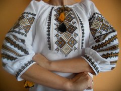 Етнічна сорочка із домотканого полотна з ромбовидною вишивкою для жінок (GNM-01622), 40, поплін