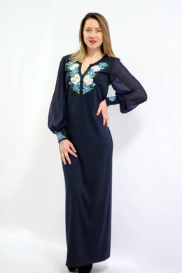 Комбінована довга сукня "Волошкові мрії" темно-синього кольору з вишивкою для жінок (PL-009-017-Tr-dbl), 42