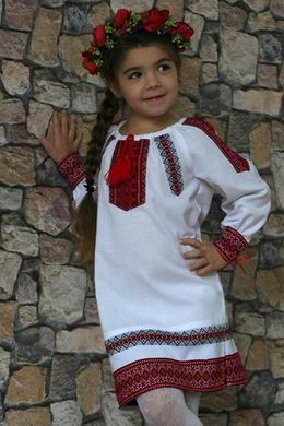 Патриотичное белое платье "Украинка" с орнаментом в красном цвете для девочек (PLs-167-520-О-red), 110