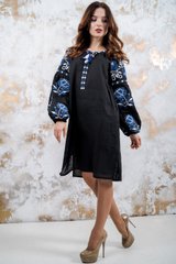 Этническое чёрное платье прямого кроя "Обаяние" из льна с контрастной вышивкой для женщин (PL-035-066-L-blu), 42