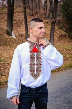 Вишикуна чоловіча вишиванка з унікальним орнаментом (GNM-02075), 40, льон білого кольору