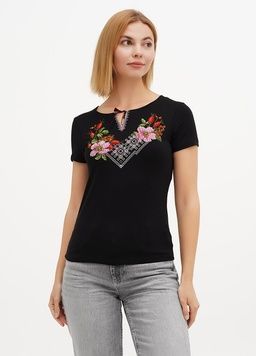 Жіноча вишита футболка чорна "Шипшина" (LS-91110208), XL, віскоза