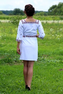 Классическое женское платье с геометрическим узором (GNM-00642), 38, домотканое полотно белое