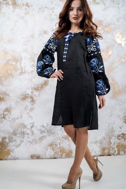 Этническое чёрное платье прямого кроя "Обаяние" из льна с контрастной вышивкой для женщин (PL-035-066-L-blu), 42