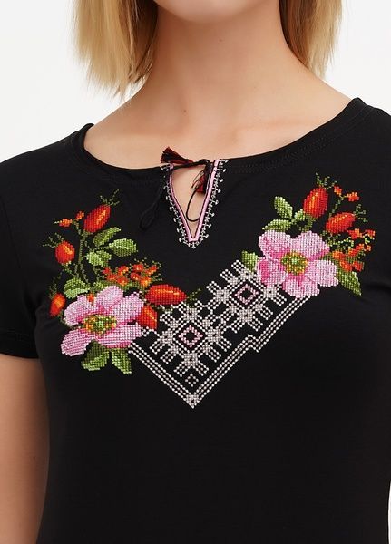 Жіноча вишита футболка чорна "Шипшина" (LS-91110208), XXL, віскоза