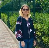 Неймовірно красива і яскрава жіноча вишита блузка на синьому льоні "Бохо" (GNM-02063), 40, льон синій