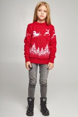 Вязаный красный с оленями свитер для девочки (UKRS-6627), 122, шерсть, акрил