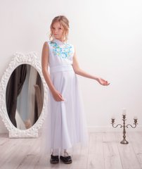 Вышитое белое с голубой вышивкой платье для девочки Цветочная гармония (PLd-103-027-G), 152