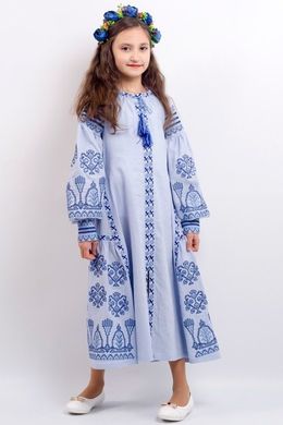 Довга сукня із льону "Розкіш-2" блакитного кольору з українською вишивкою для дівчаток (PLd-120-150-L-blu), 122