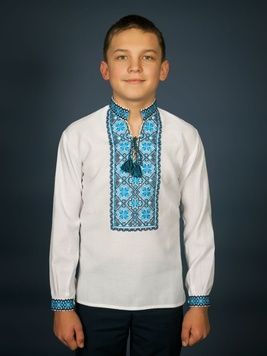 Контрастна українська вишиванка з синьо-чорним орнаментом із полотна для хлопчиків або юнаків (chsv-17-04-d), 26, льон