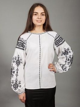 Охайна біла вишиванка із льону з національним орнаментом чорного кольору для жінок (gbv-24-02), 40, льон