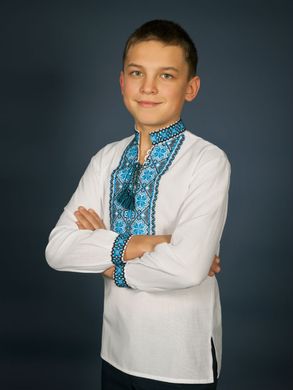Контрастна українська вишиванка з синьо-чорним орнаментом із полотна для хлопчиків або юнаків (chsv-17-04-d), 26, льон
