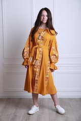 Вышитое платье охра для девочек Утренние росы (PLd-142-085-L), 116, лен