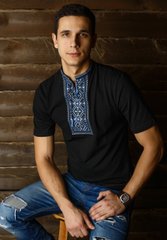 Вышитая футболка мужская черная с голубой вышивкой "Карпатская" (LS-94112195-44), S, хлопок