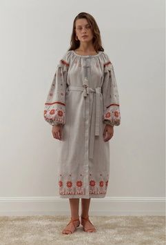 ЖІНОЧА ЛЛЯНА ВИШИТА СУКНЯ "ОРІЯ" СІРОГО КОЛЬОРУ (FM-СЖ-112), 42(XS), льон