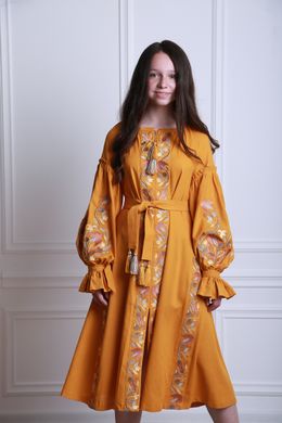 Вишите плаття охра для дівчинки Світанкові роси (PLd-142-085-L), 116, льон