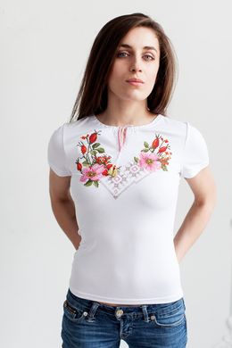 Женская вышитая футболка белая "Шиповник" (LS-91210208-44), M, вискоза