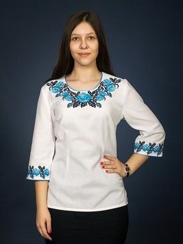 Дивовижна біла вишиванка з блакитною обробкою та квітковим візерунком для жінок (gbv-06-02), 40, льон