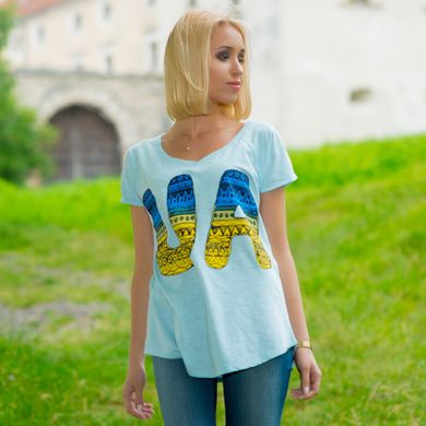 Голубая футболка реглан для женщин с принтом "UA" (10102021-577), 44