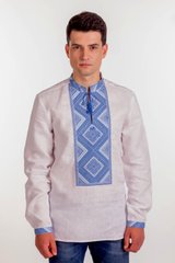 Мужская льняная вышиванка белого цвета с синим орнаментом (FM-4010), S, лен