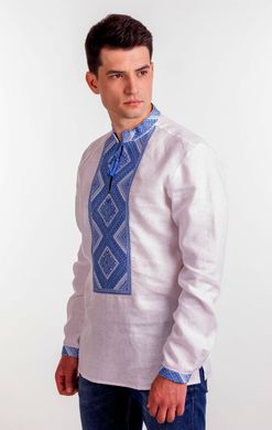 Чоловіча лляна вишиванка білого кольору з синім орнаментом (FM-4010), S, льон
