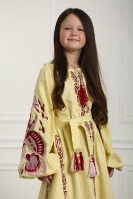 Вышитое платье лимонное для девочек Птица (PLd-134-092-L), 116, лен