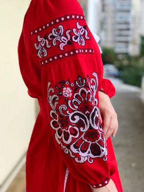 Яскрава стильна жіноча сукня червоного кольору (GNM-02274), 42, домоткане полотно червоне