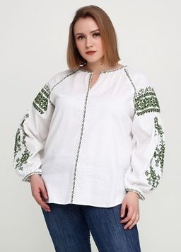 Чарівна вишиванка із білого льону з темно-зеленим геометричним орнаментом для жінок (gbv-24-04), 40, льон
