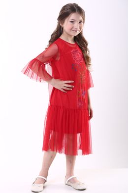 Вышитое платье для девочки красного цвета "Цветочное" (PLd-116-082-Tr), 152