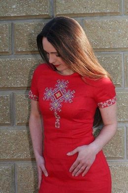 Червона сукня "Вишуканість" із льону з геометричною вишивкою для жінок (PL-025-111-L-red), 42