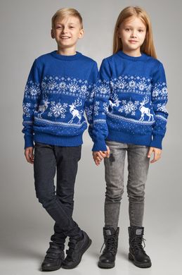 Синие парные вязаные детские свитера с оленями (UKRS-6623-6623), шерсть, акрил